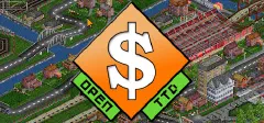 Pixeles, felülnézeti városkép utakkal és piros szerelvényekkel, középen narancssárga rombuszban nagy dollárjel, két oldalán az OpenTTD felirat