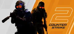 Két felfegyverzett kommandós narancs lencséjű szemüvegben, szürke és narancssárga háttér előtt, jobbra a nagy 2-es és a Counter-Strike felirat