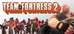 A Team Fortress 2 felirata alatt rajzfilmes zsoldoscsapat sorakozik fel, jobb szélen egy termetes, gépágyús alak magasodik a többiek fölé