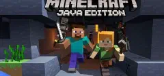 Két kockás Minecraft-karakter szerszámmal a kezében rohan kifelé egy sziklás barlangból, felül a Minecraft Java Edition felirat