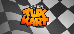 A SuperTuxKart vaskos, narancssárga rajzfilmes felirata egy hullámzó, fekete-fehér kockás célzászló előtt